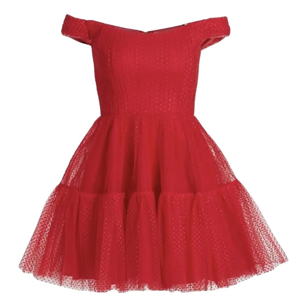 ML Monique Lhuillier Swiss Dot Off the Shoulder Tulle Mini dress Poppy Red 8 S